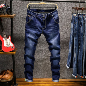 Men Zipper Fly Slim Fit Denim Joggers Stretch Male Jeans
