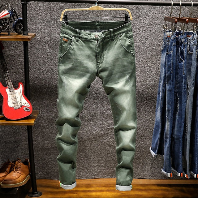 Men Zipper Fly Slim Fit Denim Joggers Stretch Male Jeans